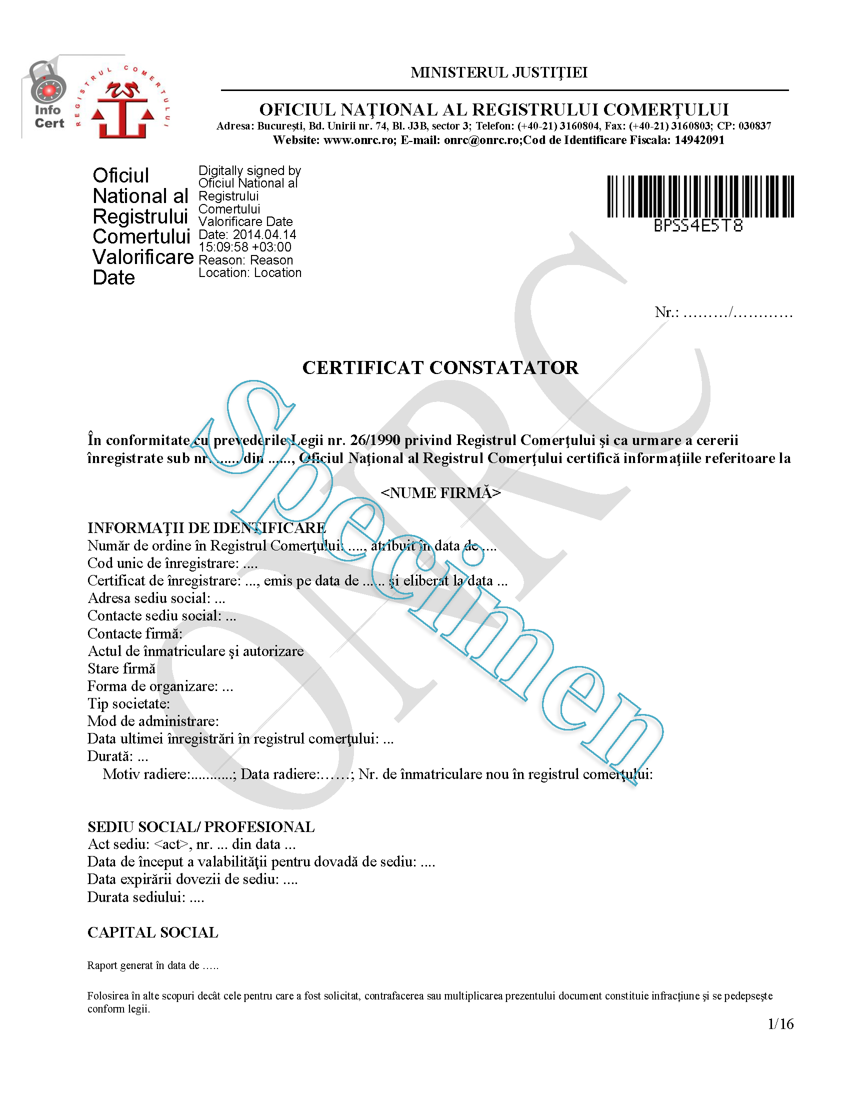 Specimen Certificat constatator pentru insolvență